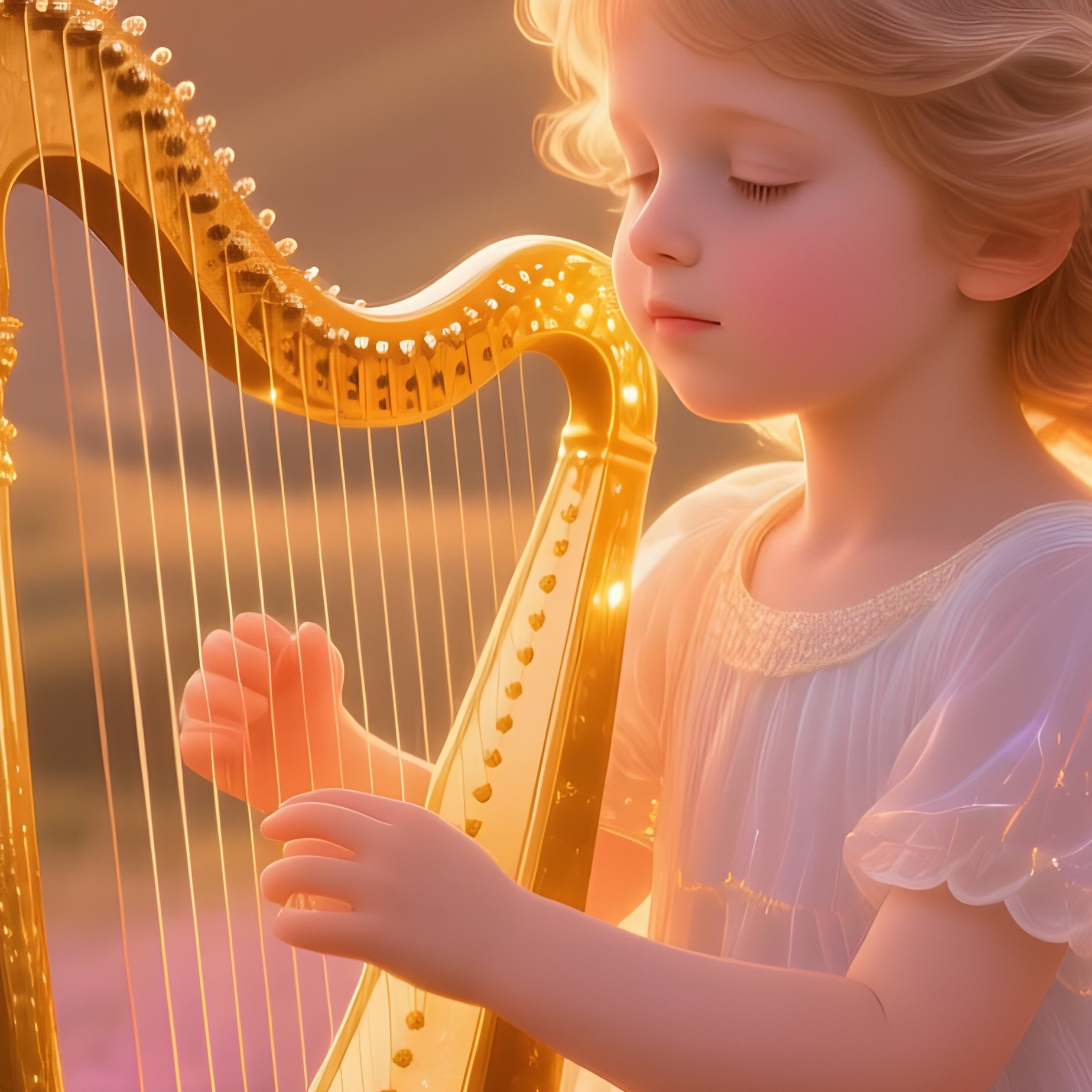 Ethereal Child Like Angel Playing Golden Harp Among Lavender Meadow At Golden Hour - Full Resolution Quality Preview