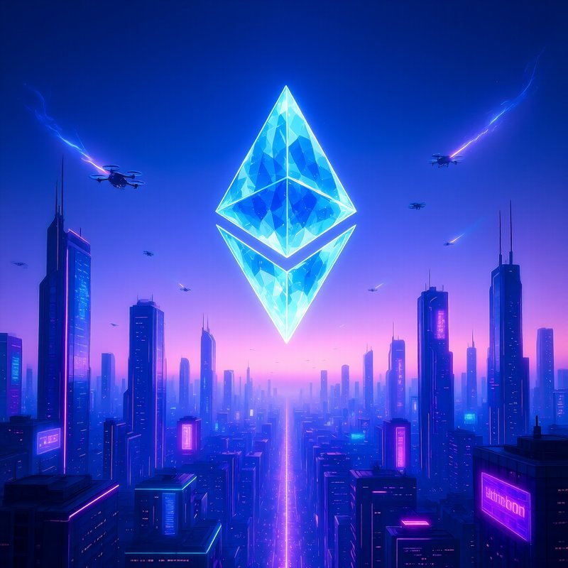 Ethereum Crystal Floating Above Futuristic City