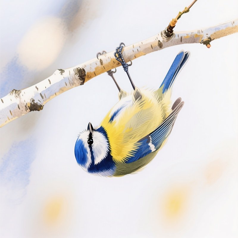 Eurasian Blue Tit Hanging From Birch Twig