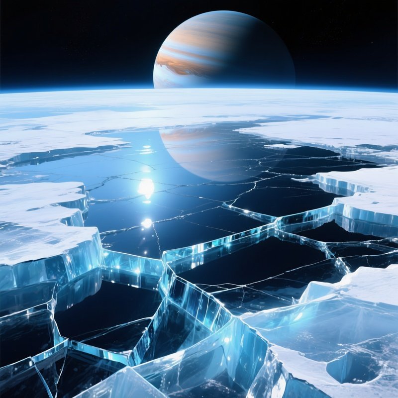Europa Reflected Jupiter Icy Crust Glowing Cracks Glistening Art
