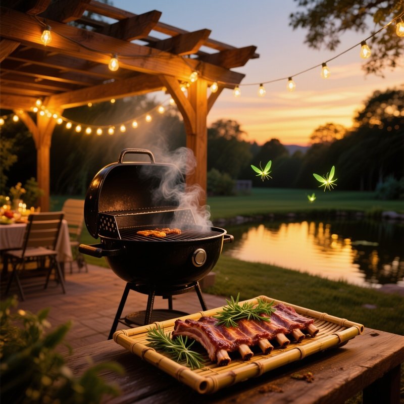 Evening Backyard Party Scene String Lights Oak Pergola Grill Ribs Fireflies Pond