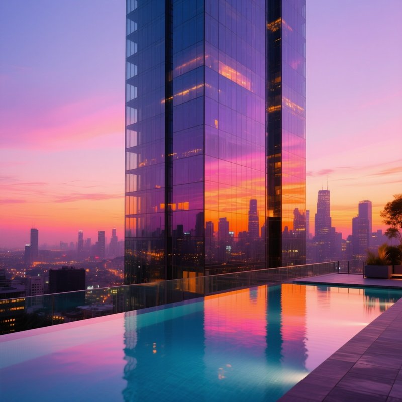 Evening Glass Tower Rooftop Pool Sunset