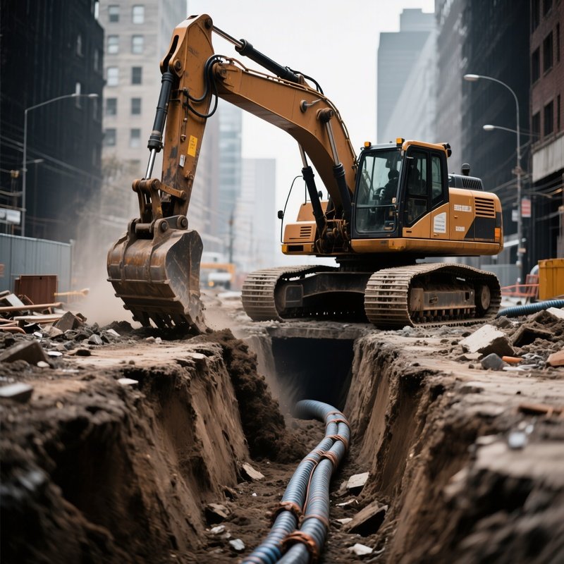 Excavator Digging Trenches For Cables