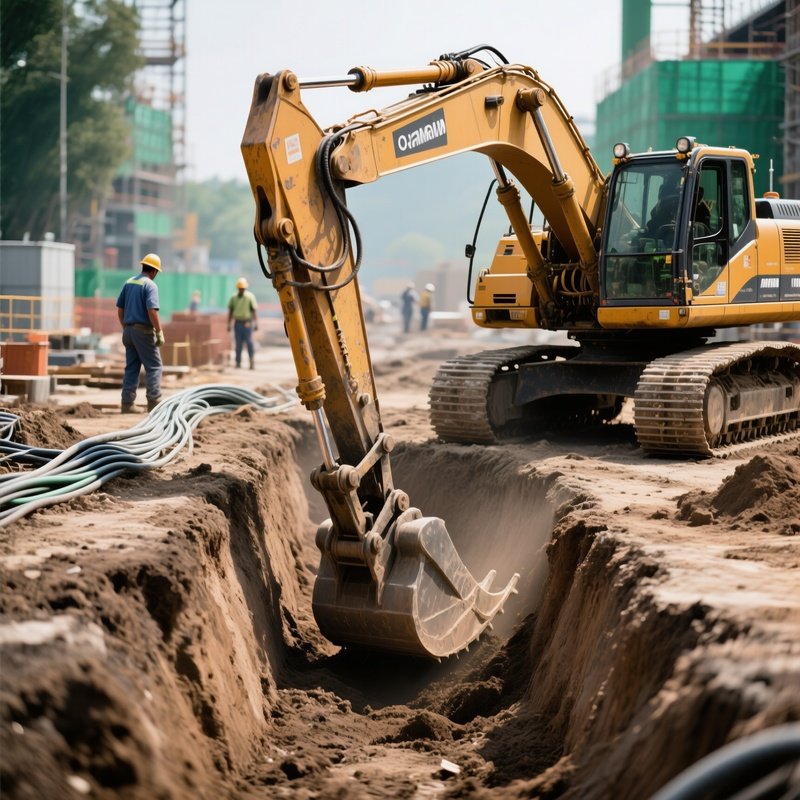 Excavator Digging Trenches For Cables