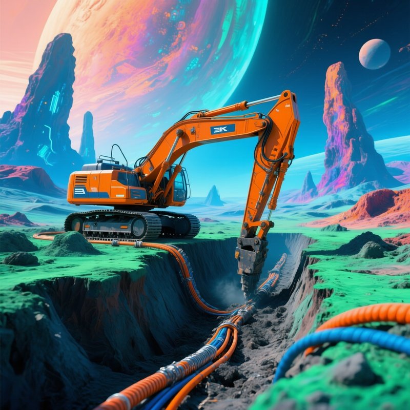 Excavator Digging Trenches For Cables Science Fiction