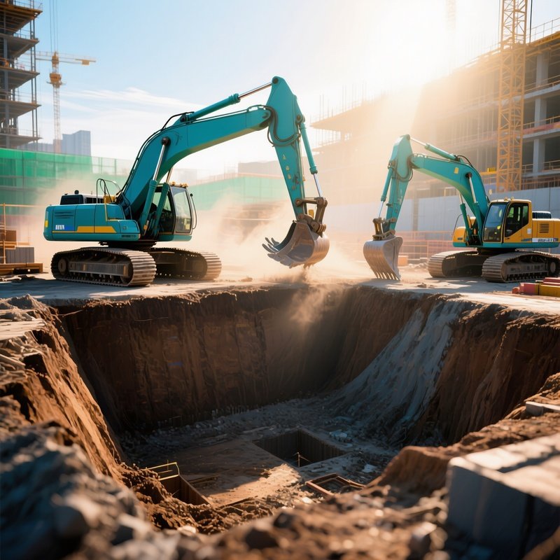 Excavators Digging Foundation Pit Morning Light