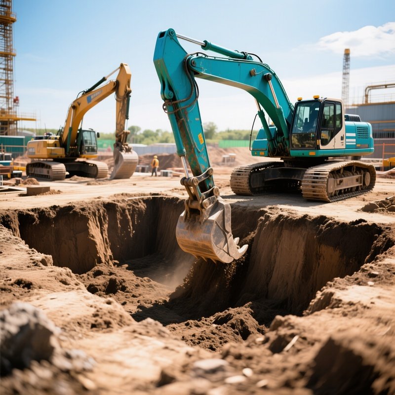 Excavators Digging Foundation Pit Morning Light