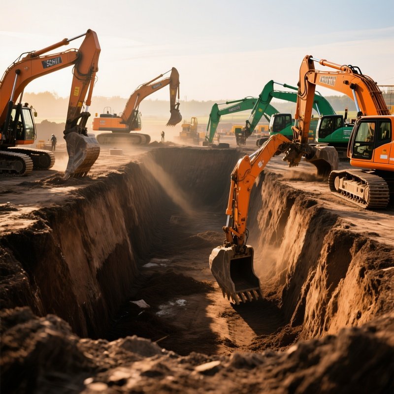 Excavators Digging Large Foundation Pit Bright Morning Light