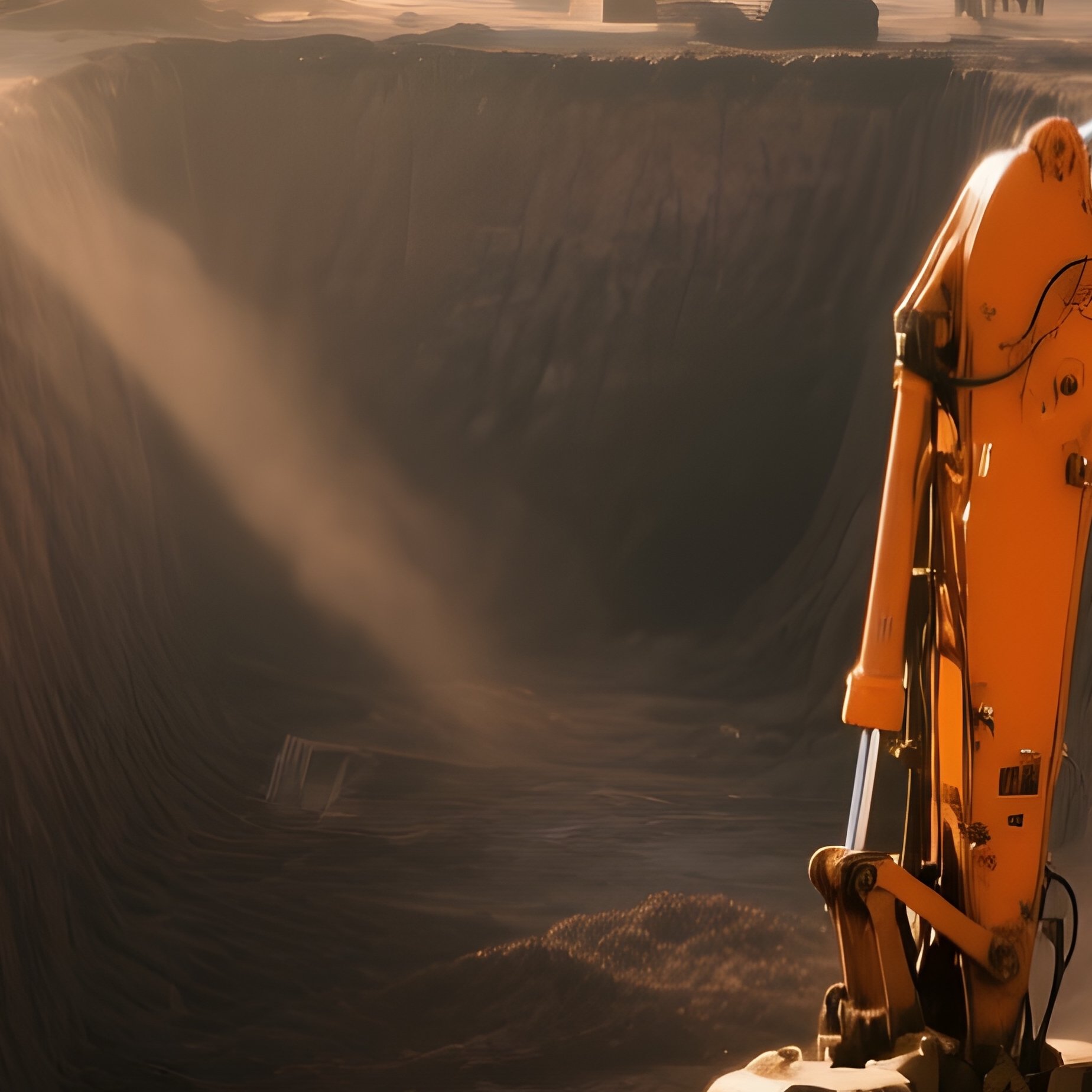 Excavators Digging Large Foundation Pit Bright Morning Light - Full Resolution Quality Preview