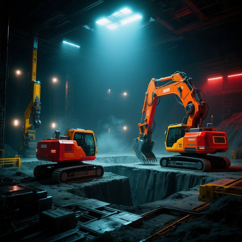 Excavators Digging Large Foundation Pit Bright Morning Light Science Fiction
