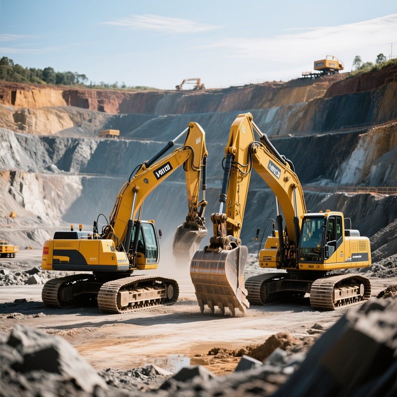 Excavators Working Unison Open Pit