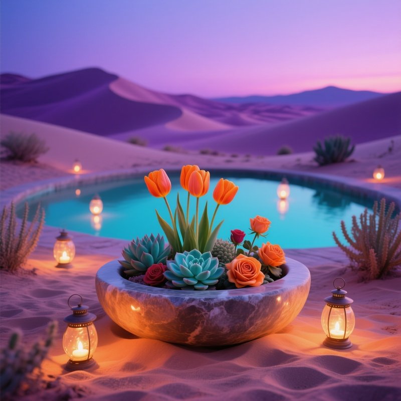 Exotic Desert Oasis At Twilight