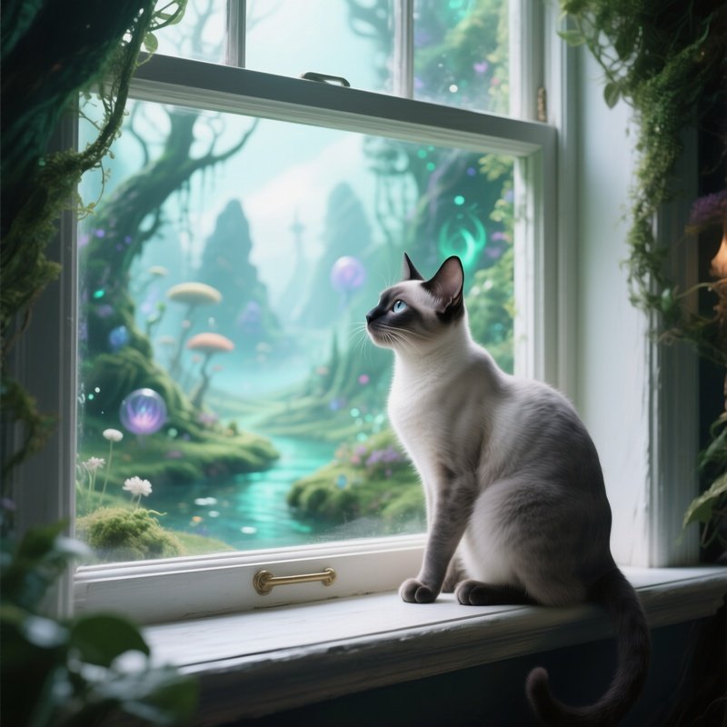 Exotic Shorthair Cat Perched On Windowsill Looking Outside Fantasy Art