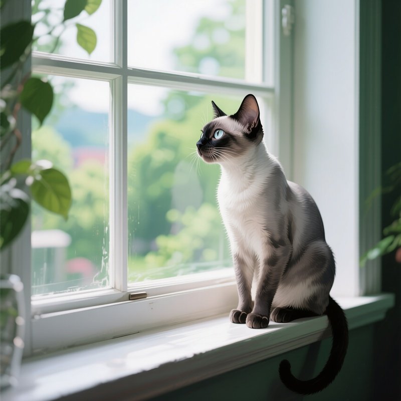 Exotic Shorthair Cat Perched On Windowsill Looking Outside Digital Art