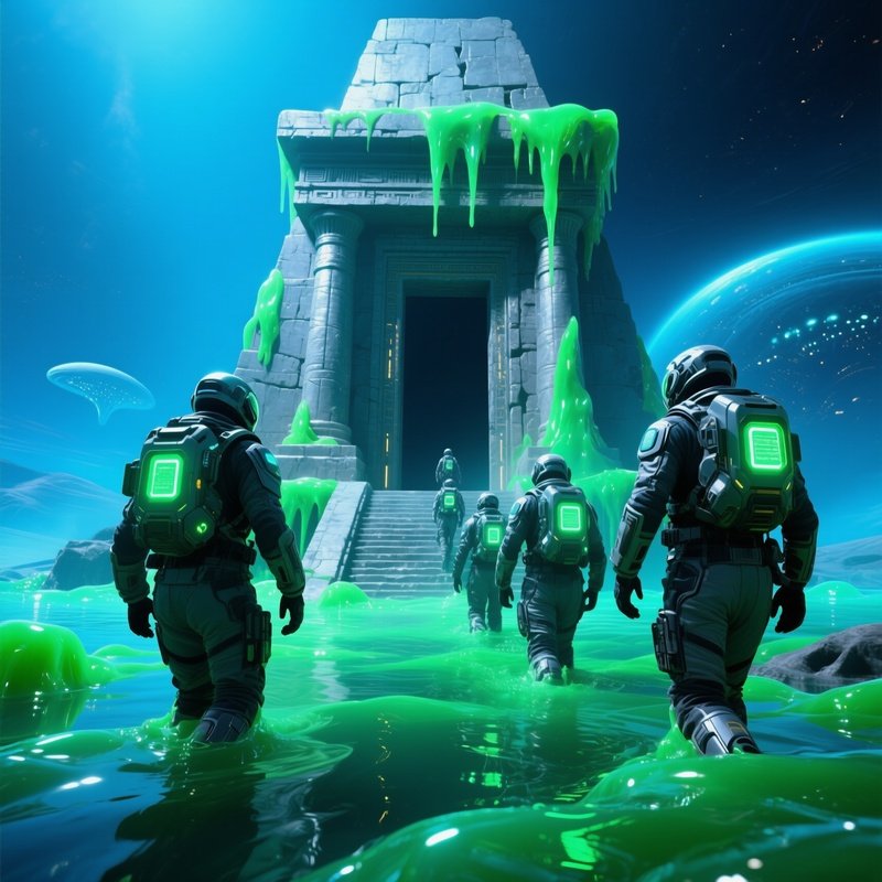 Explorers Towards Temples Entrance Scifi