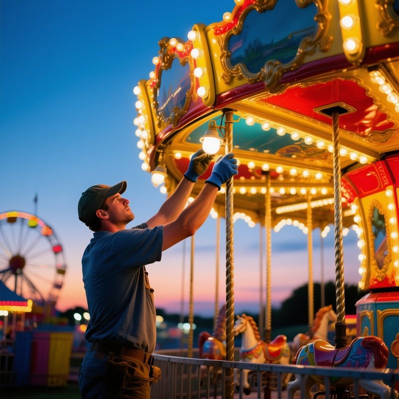 Fairground Worker Adjusting Carousel Lights Before Dusk