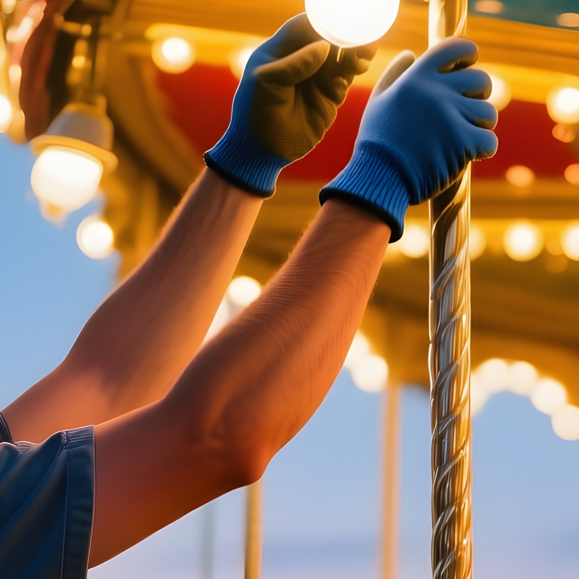 Fairground Worker Adjusting Carousel Lights Before Dusk - Full Resolution Quality Preview