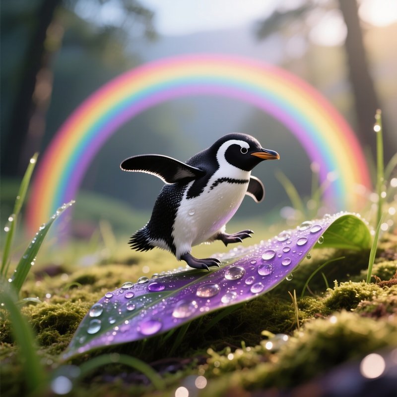 Fairy Penguin Sliding Down Dewdrop Rainbow
