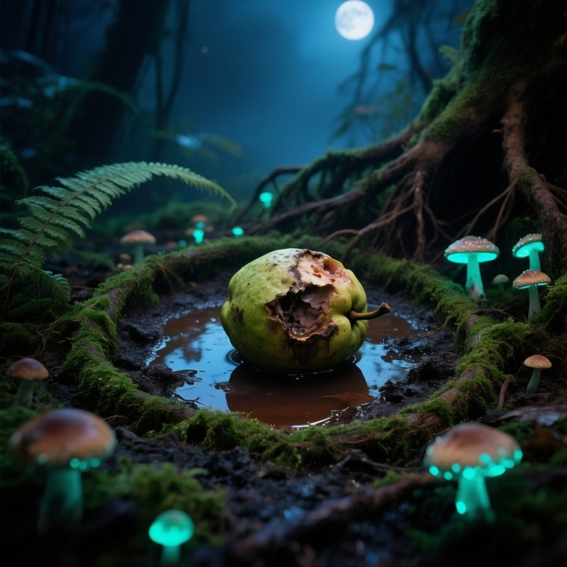 Fallen Guava Rotting In Forest Under Moonlight