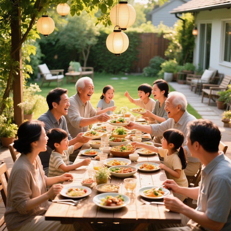 Family Dinner Chaotic Happy Wide Shot