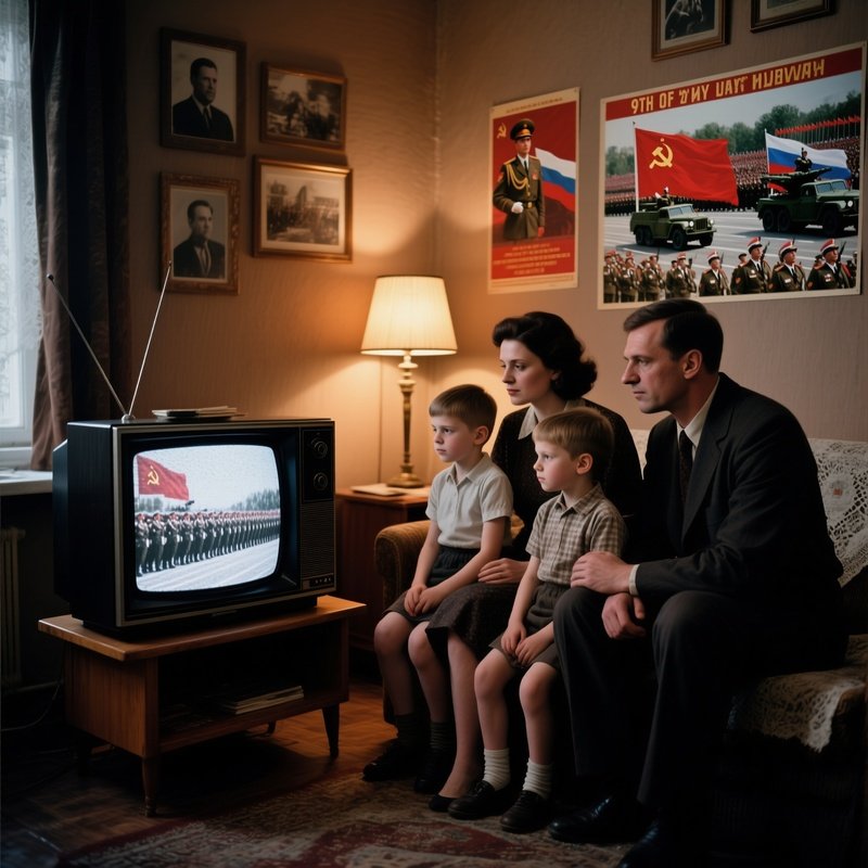 Family Watching 1985 Victory Day Parade On Black And White Tv
