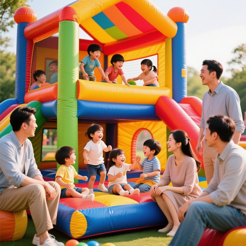 Family Watching Children Play In Multilevel Play Structure