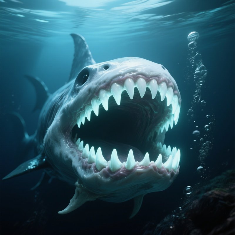 Fangtooth – Bone White Oversized Teeth Glowing Faintly In Deep Water.