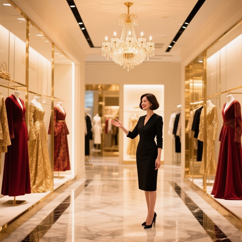 Fashion Boutique Owner With Elegant Bob Greets Customers Under Soft Chandelier Light