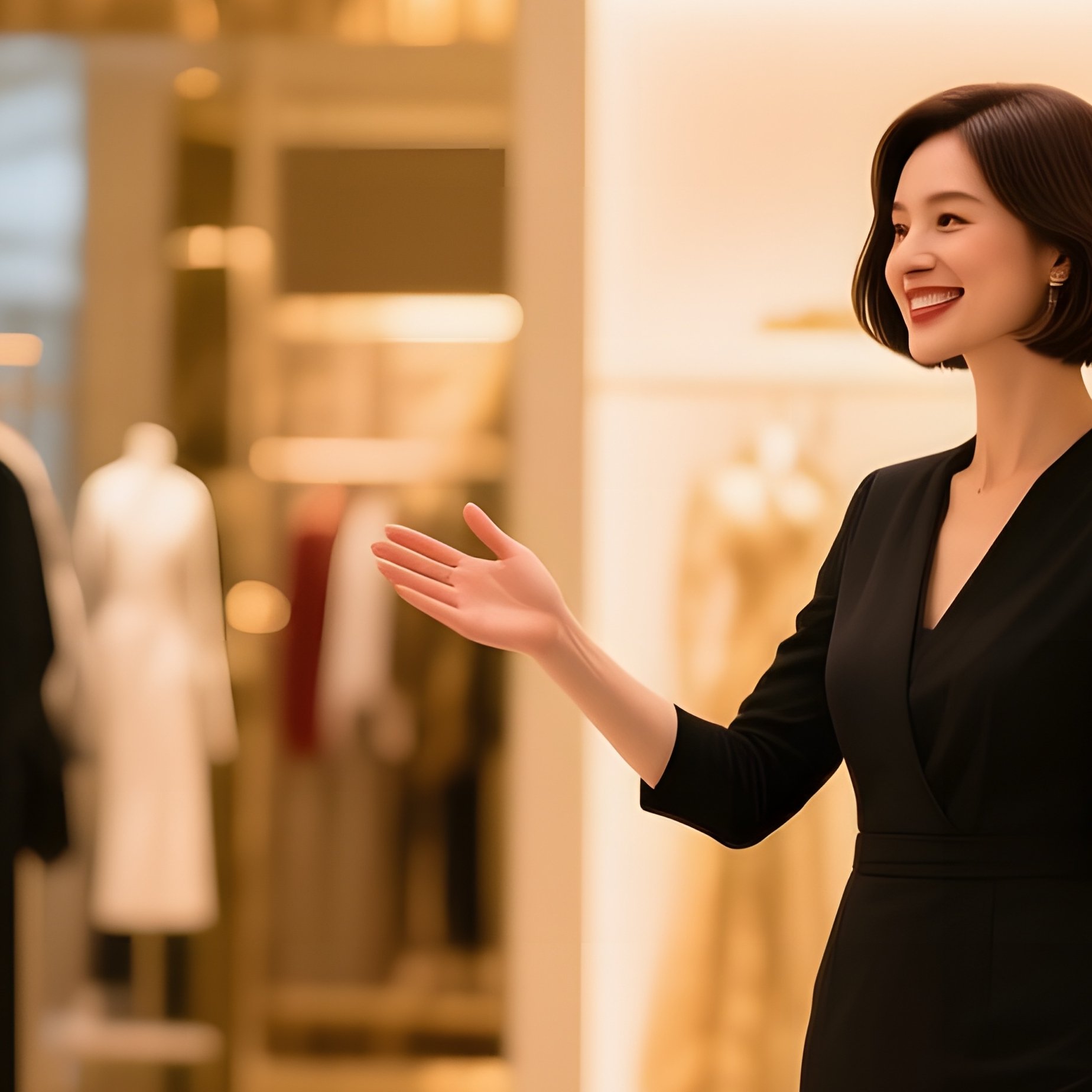 Fashion Boutique Owner With Elegant Bob Greets Customers Under Soft Chandelier Light - Full Resolution Quality Preview