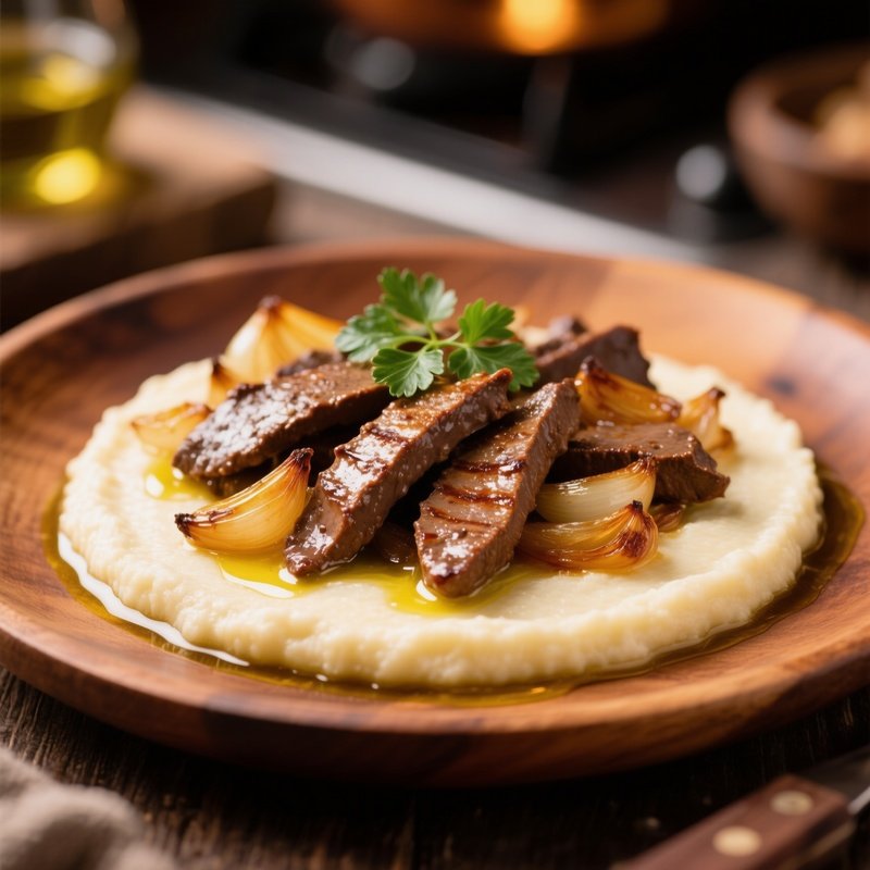 Fegato Alla Veneziana Thin Liver Strips With Caramelized Onions On White Polenta
