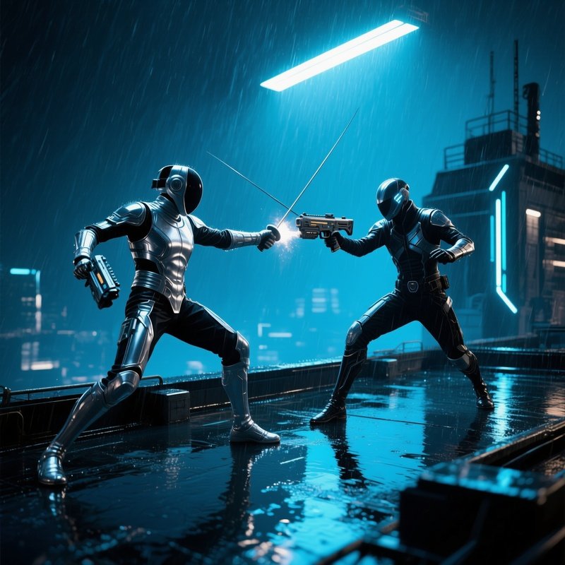 Fencer Dueling Rooftop Rain 2