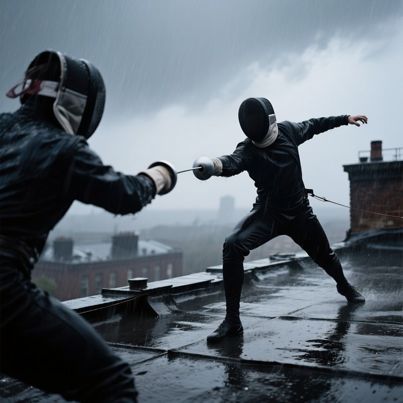 Fencer Dueling Rooftop Rain