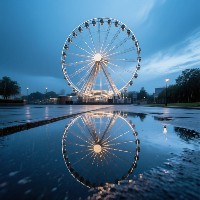 Ferris Wheel Reflected In Puddles After Evening Rain