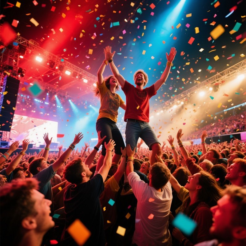 Festival Crowd People On Shoulders High Fiving Confetti