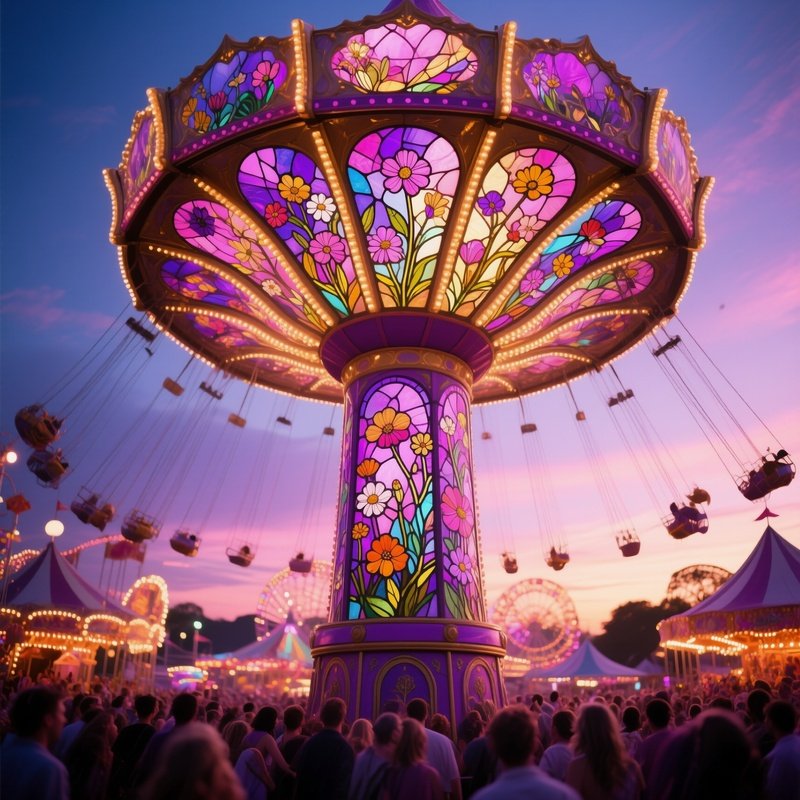 Festive Carnival At Dusk Carousel Pole Stained Glass Wildflowers