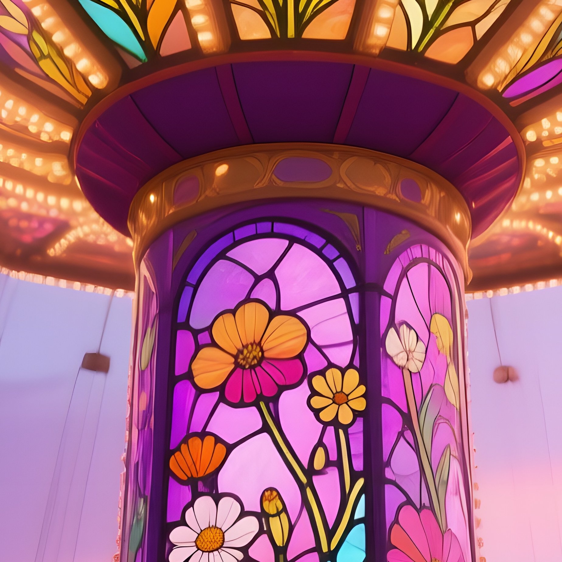Festive Carnival At Dusk Carousel Pole Stained Glass Wildflowers - Full Resolution Quality Preview