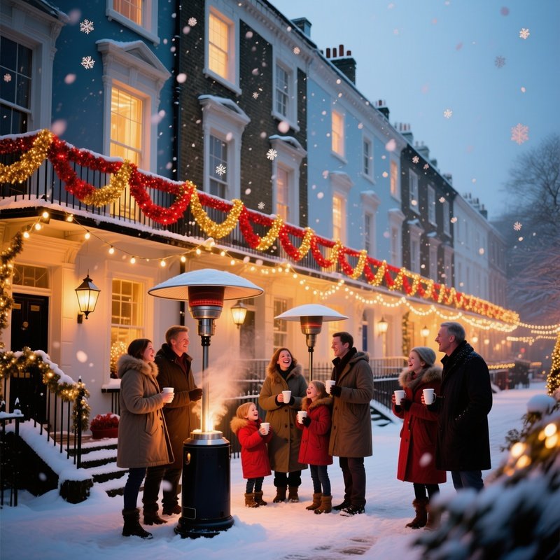 Festive Holiday Scene Seven Sisters Garlands Snow Outdoor Heaters