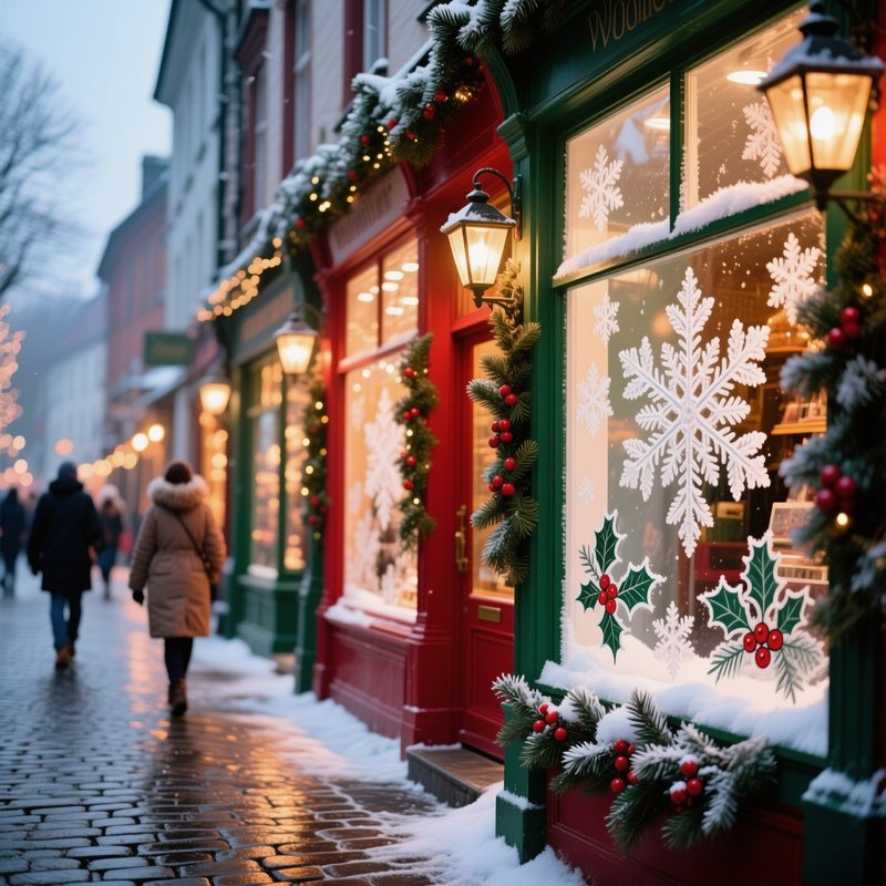 Festive Holiday Street Scene Shop Windows Frosted With Glass Snowflakes Holly Berries Evergreen