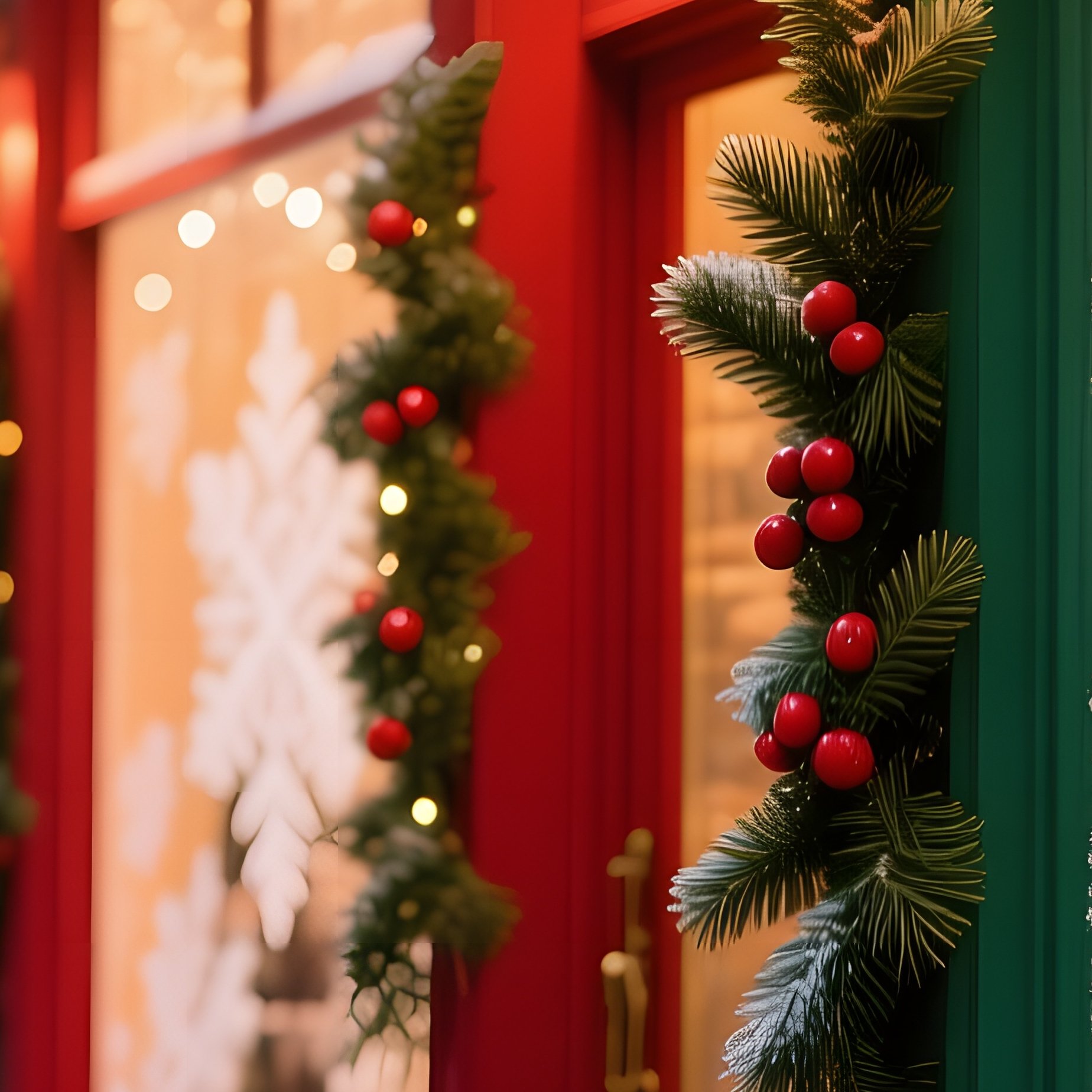Festive Holiday Street Scene Shop Windows Frosted With Glass Snowflakes Holly Berries Evergreen - Full Resolution Quality Preview