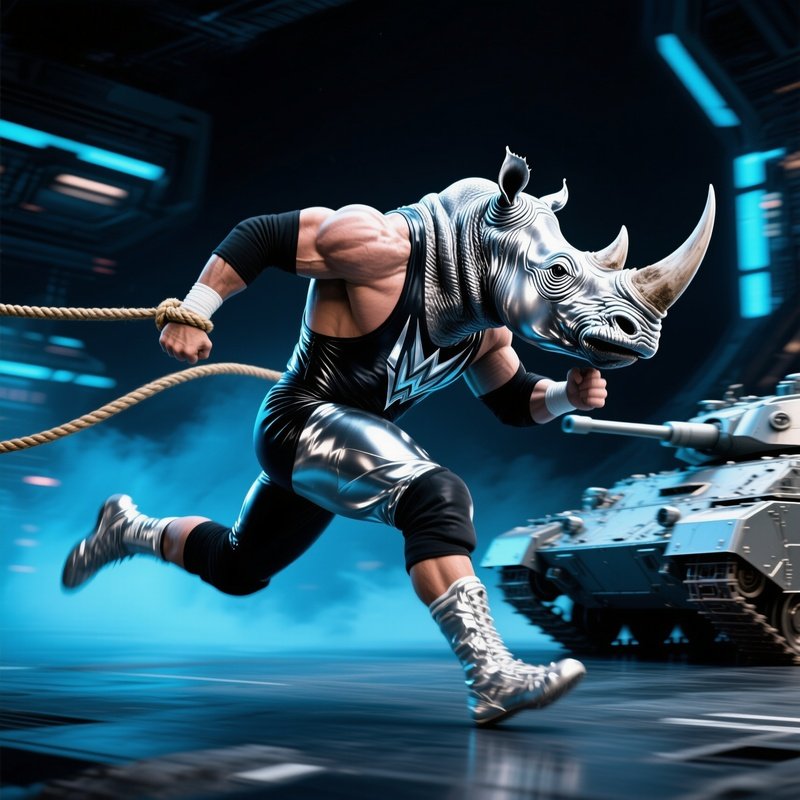 Fictional Artwork Platinum Rhino Charges Through Rope Like Human Tank