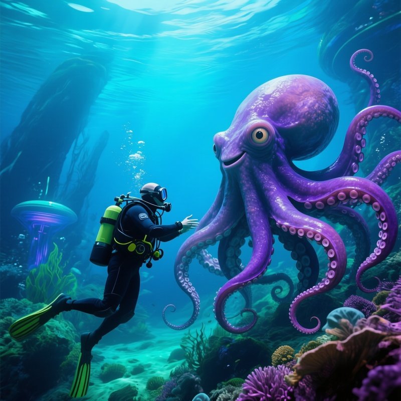Fictional Octopus Meeting Diver
