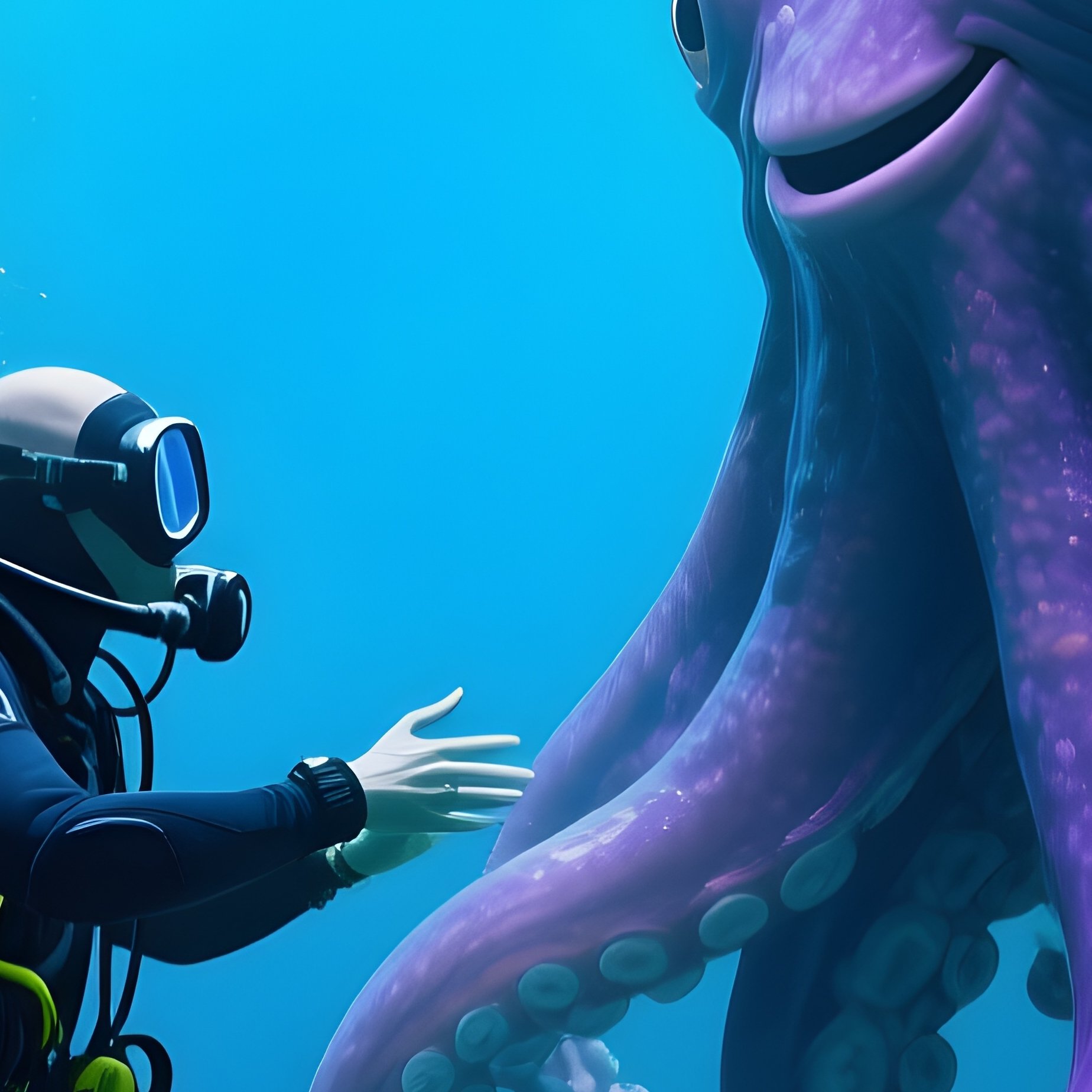 Fictional Octopus Meeting Diver - Full Resolution Quality Preview