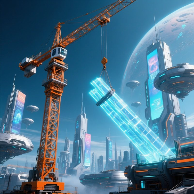 Fictional Tower Crane Lifting Beams City Skyline