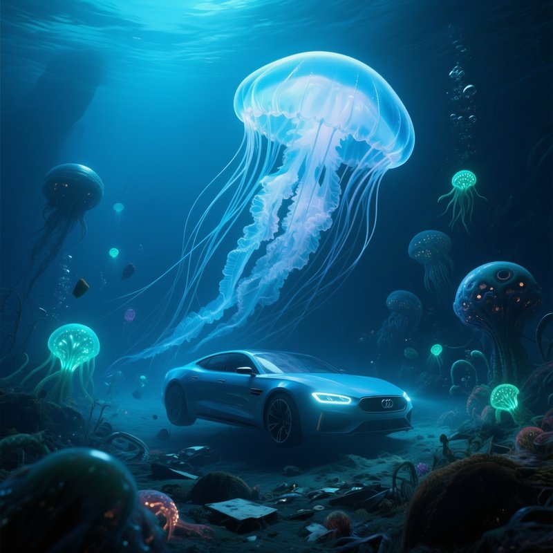 Fictional Underwater Scene Translucent Jellyfish Car Size Drifting Slowly