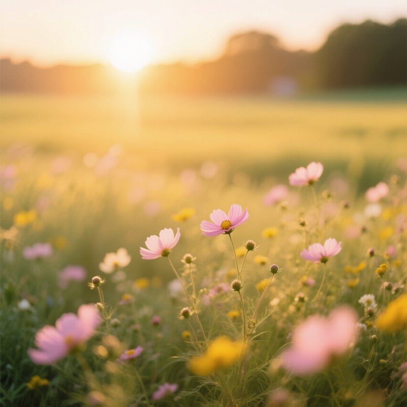 Field Of Wildflowers At Sunset Sunset Wildflowers