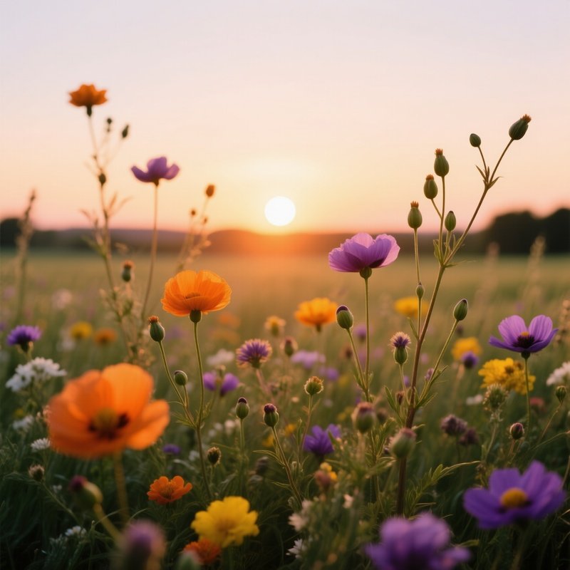 Field Of Wildflowers At Sunset Wildflowers Sunset