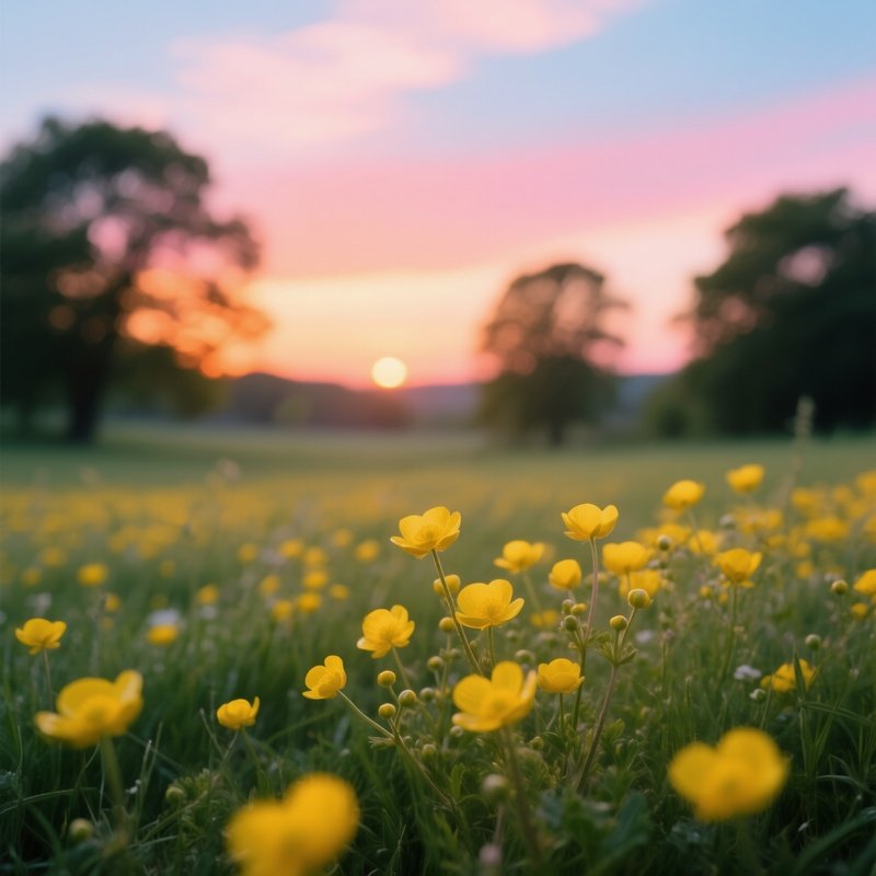 Field Of Yellow Flowers At Sunset Sunset Flowers