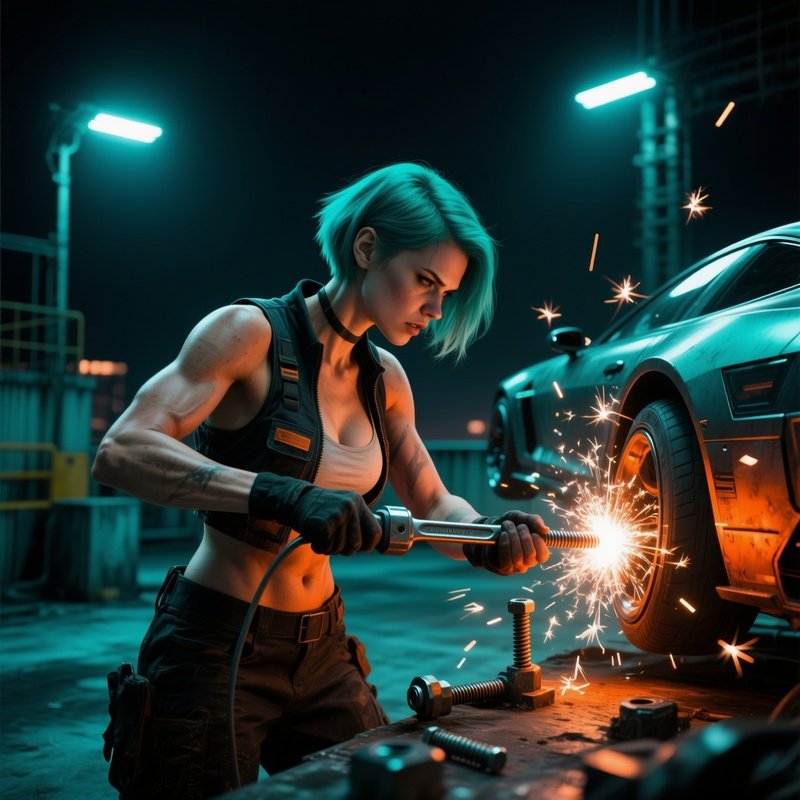 Fierce Mechanic On Hovering Car Rooftop Night