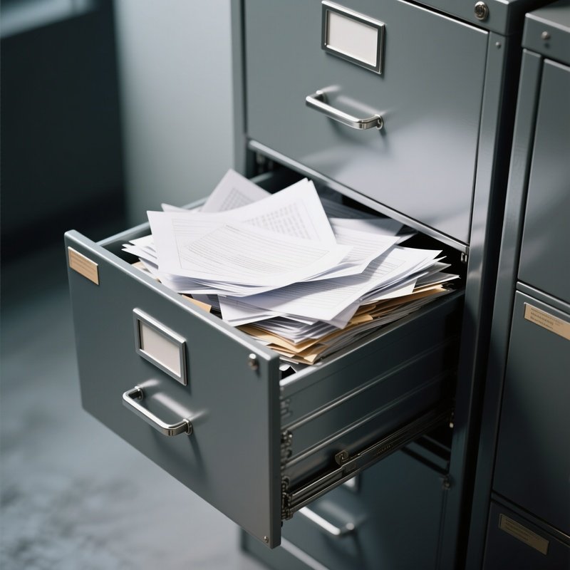 File Cabinet: An Open Drawer Of A Metal Filing Cabinet, Overflowing With Disorganized Papers, Representing Bureaucracy And Data Overload.