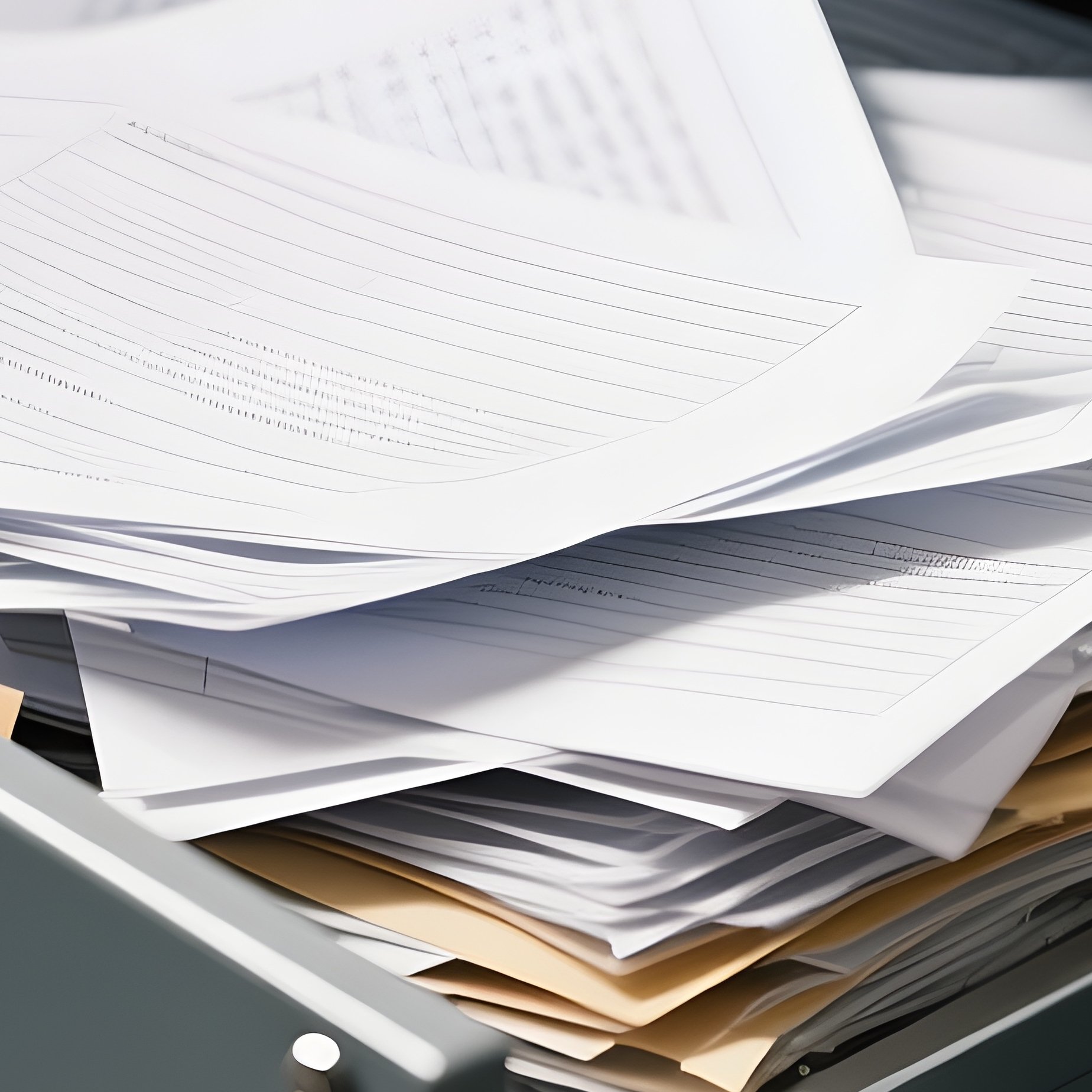 File Cabinet: An Open Drawer Of A Metal Filing Cabinet, Overflowing With Disorganized Papers, Representing Bureaucracy And Data Overload. - Full Resolution Quality Preview